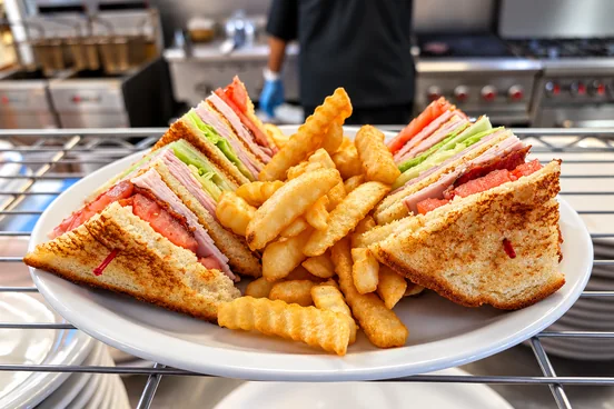 Miller's Tavern Club Sandwich with layers of turkey, ham, bacon, lettuce, and tomato on toasted bread, served with golden crinkle-cut fries.