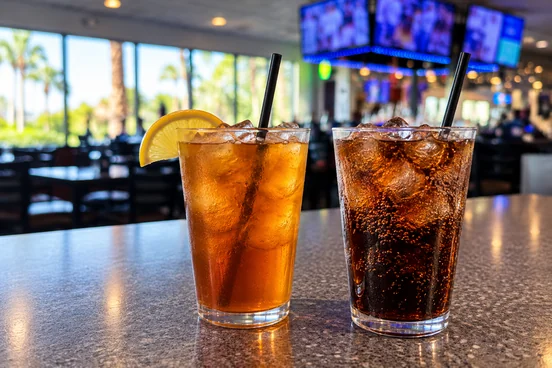 Glasses of refreshing iced tea with lemon and ice-cold soda on a bar counter with the Miller's Tavern interior in the background.