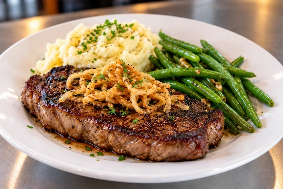 Grilled sirloin steak with garlic butter, creamy mashed potatoes, and green beans at Miller's Tavern in Sun City Summerlin, Las Vegas.